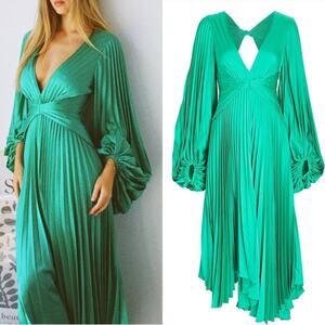 ACLER Palms Pleated Long Sleeve Asymmetric Satin Green Midi Dress Sz 6